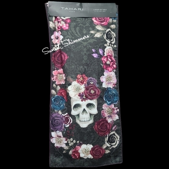Sugar Skull Day Of Dead Beaded Table Runner Sparkly Jeweled Flowers HALLOWEEN - Picture 1 of 13